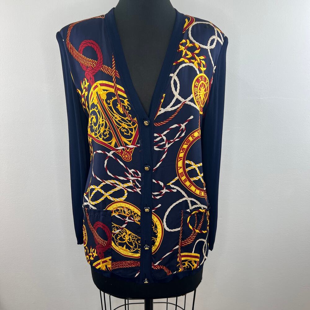CELINE Vintage Navy Baroque Print Viscose Silk V-Neck Button Up Cardigan M/L